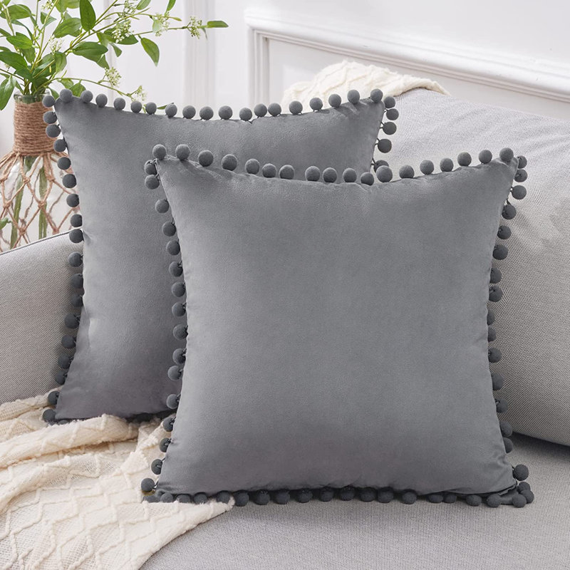 Gray Velvet Pom-Pom Trim Euro Pillow Covers, 22x22, Set of 2
