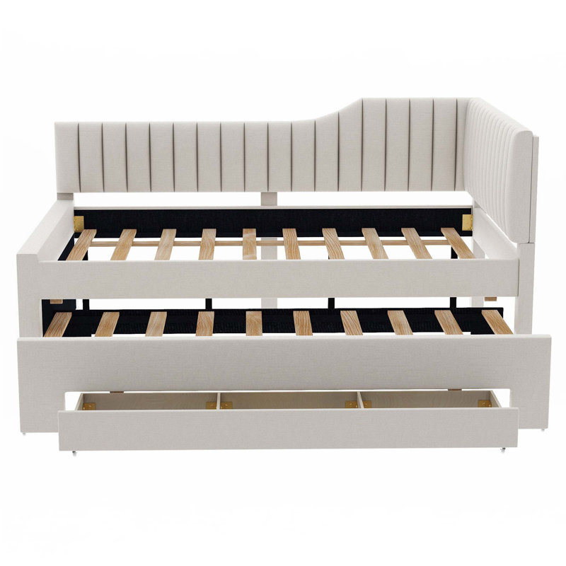 Upholstered Daybed With Trundle And Three Drawers, Beige, Full/Double