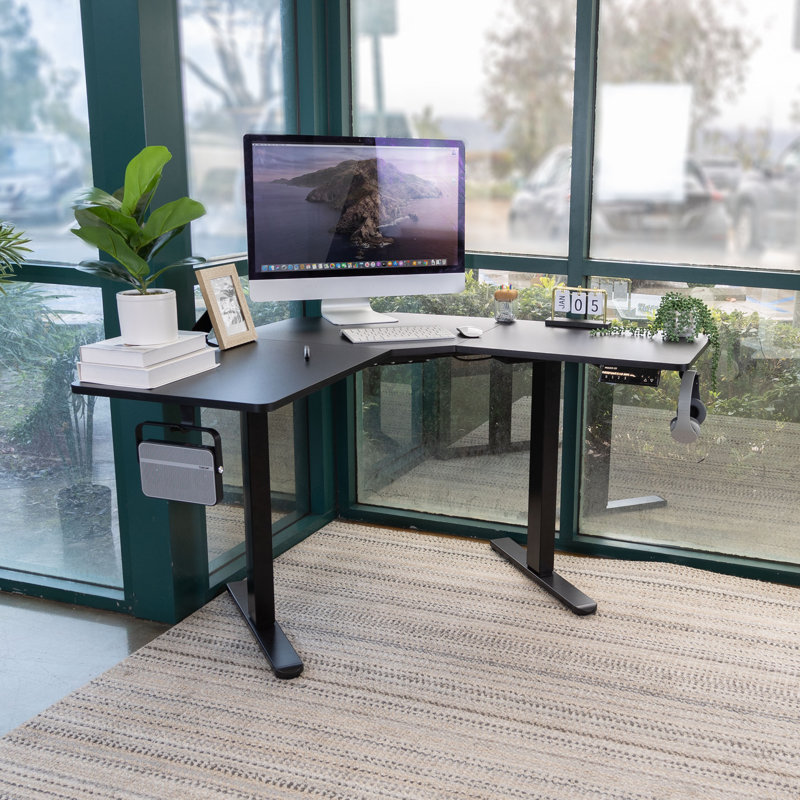 Adjustable L-Shaped Metal Base Standing Desk with Power Outlet