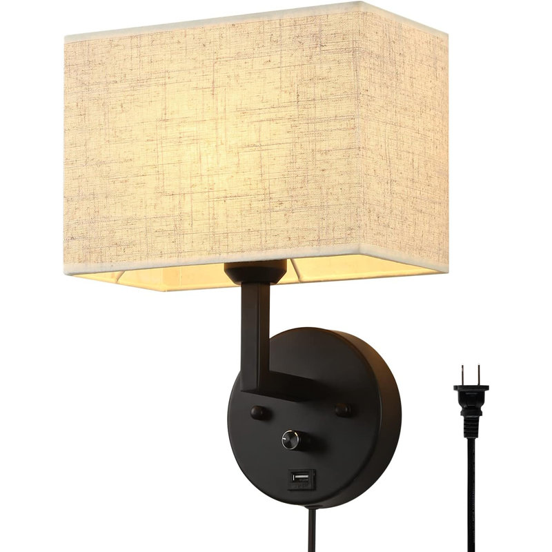 Plug-In Wall Sconce With Dimmer Switch & Dual USB Port, Rectangular Linen Fabric Shade, Adjustable Bedside Lamp For Bedroom, Living Room, Hotel, E26 Base