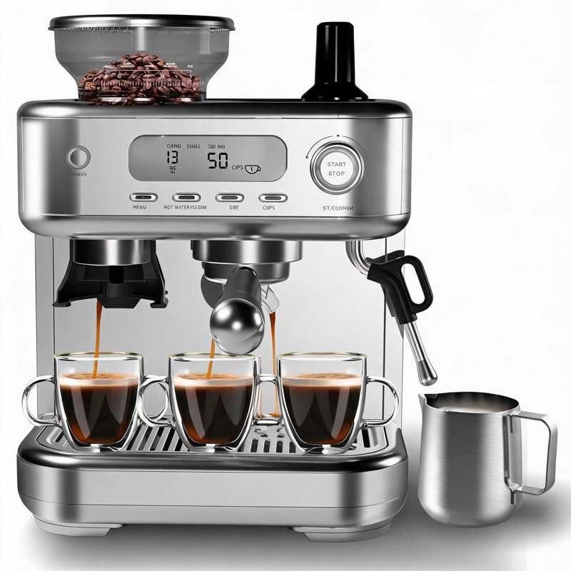 Enjyam Espresso Machine with Grinder, Professional Coffee and Espresso Maker Combo, Stainless Steel Cafe Espresso Machine with Steam Wand Barista Kit for Cappuccino Latte