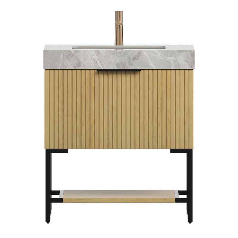 Meuble-lavabo de salle de bain YOLAN, 30", Marbre blanc, Chêne clair