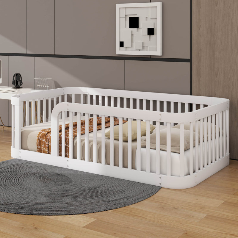 Stylish Twin Wood Floor Bed Frame Boasting Chic Fence Detailing, White