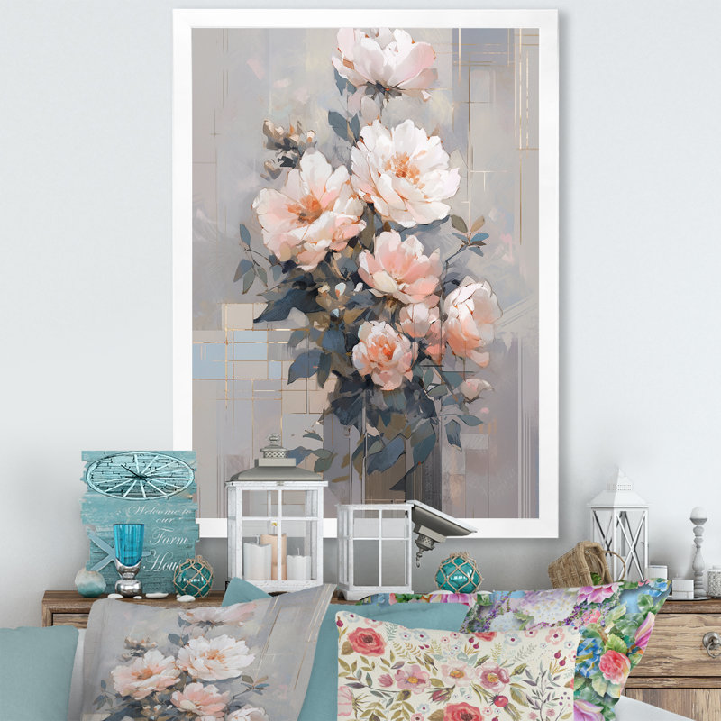 Sérénade rose de pivoines sur toile, Cadre photo blanc, H 32 po x l 24 po x P 1 po
