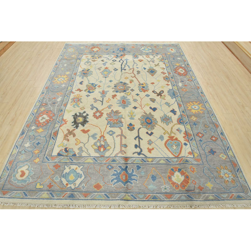 Tapis gris / ivoire en laine noué à la main de conception unique 8 pi 1 po x 10 pi