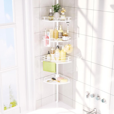 Hapirm Corner Shower Caddy Organizer - Rustproof Bathroom Shelf With Toothbrush Holder And Hooks, Adjustable Tension Pole For Shower Storage