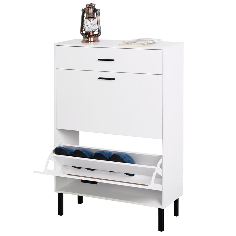 Armoire à chaussures avec 2 tiroirs rabattables et pieds en métal - Rangement pour hall d'entrée moderne avec finition blanche et rangement