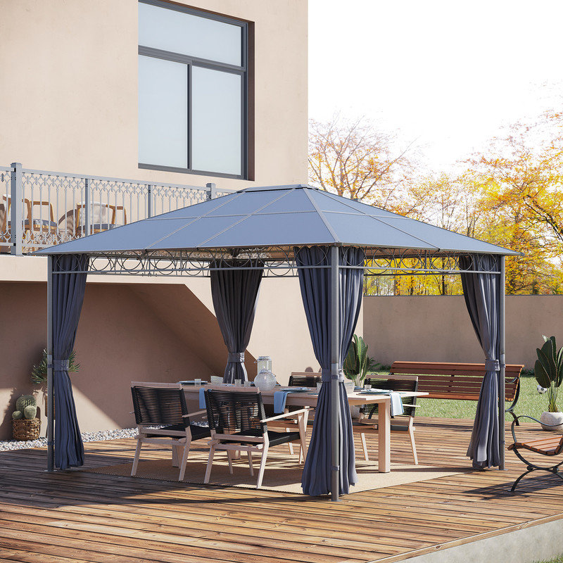 Grey Pyramid Top Hardtop Gazebo, 6mm Polycarbonate Roof & Hybrid Frame, Zipper Curtains & Ceiling Hooks, 3m×3.6m Backyard Pavilion