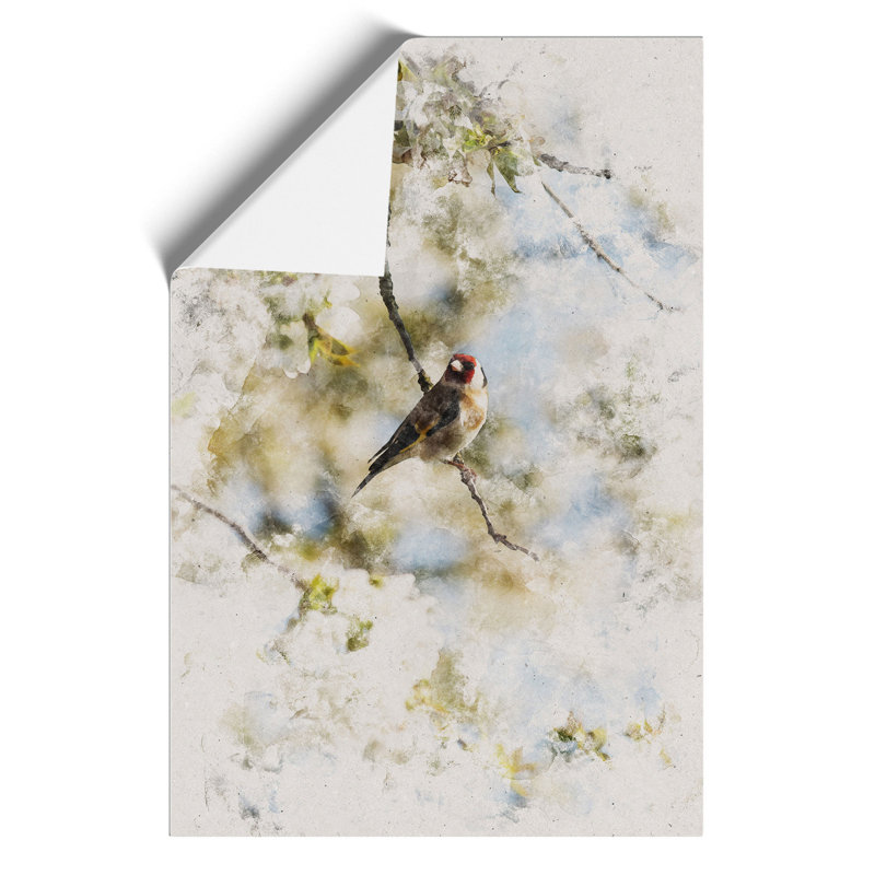 Goldfinch Bird in a Cherry Tree Watercolour - Frameless Print, 42cm H x 30cm W x 0.1cm D