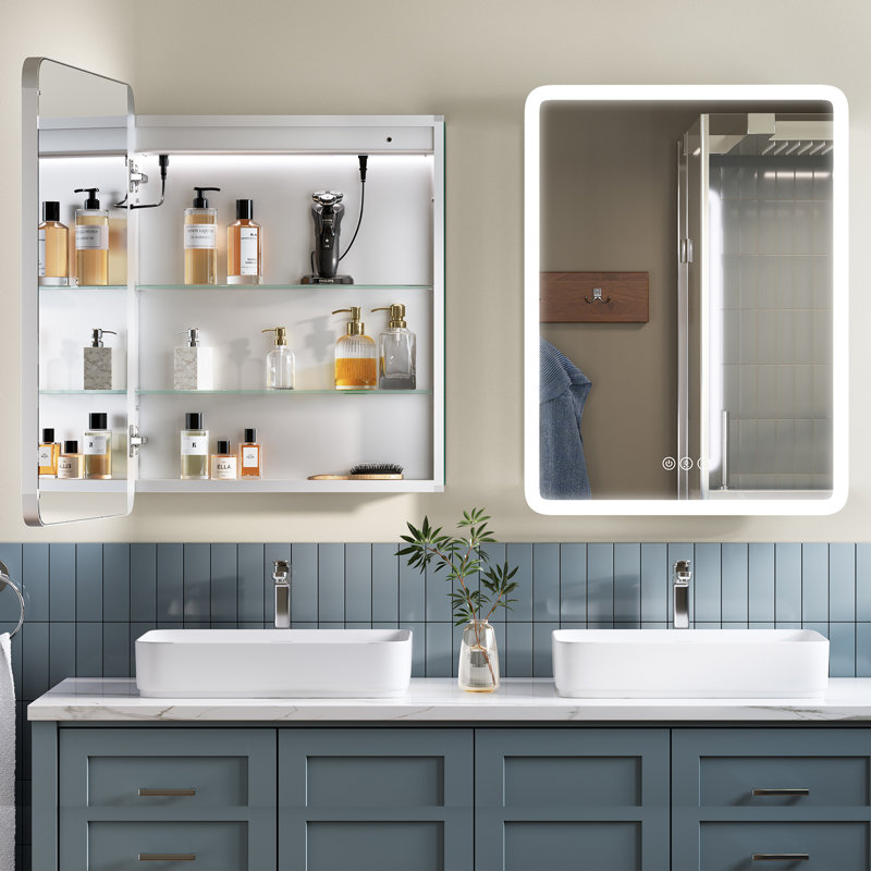 Medicine Cabinet with Lights, Round Corner, Recessed/Surface, Plug-in/Hardwired, Outlets+USB+Type-C,, 32"H x 24"W x 5.43"D
