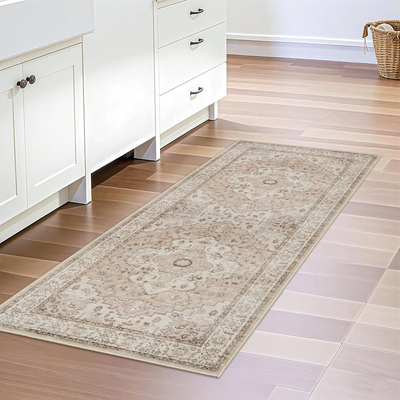 Washable Hallway Rug - Soft Kitchen Rugs Vintage Water Resistant Entryway Rug Ultra Thin Farmhouse Living Room Bedroom Carpet Non Slip Indoor Floor Mat for Bathroom Laundry (Beige)