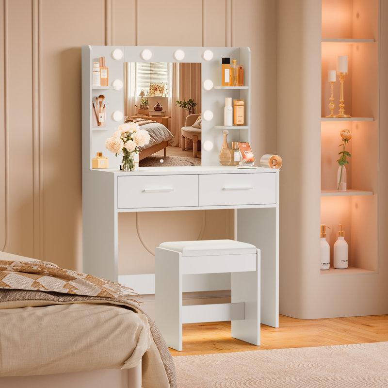 31.5" Makeup Vanity Set with Vanity Stool, 3-Color LED Mirror, Power Outlet, Hair Dryer Holder, 2 Drawers, White, Yes