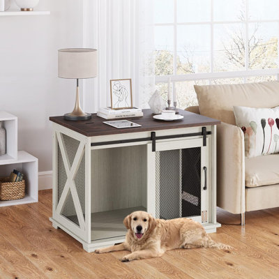 Meuble pour cage de chien avec porte de grange coulissante - Verrouillage sécuritaire - Séparateur réglable - Accès par le dessus blanc délavé