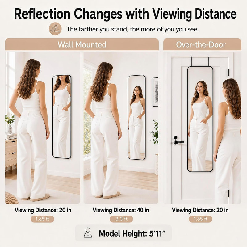 Miroir pleine grandeur 47 po x 14 po au-dessus de la porte, suspendu au mur / suspendu en noir, Black