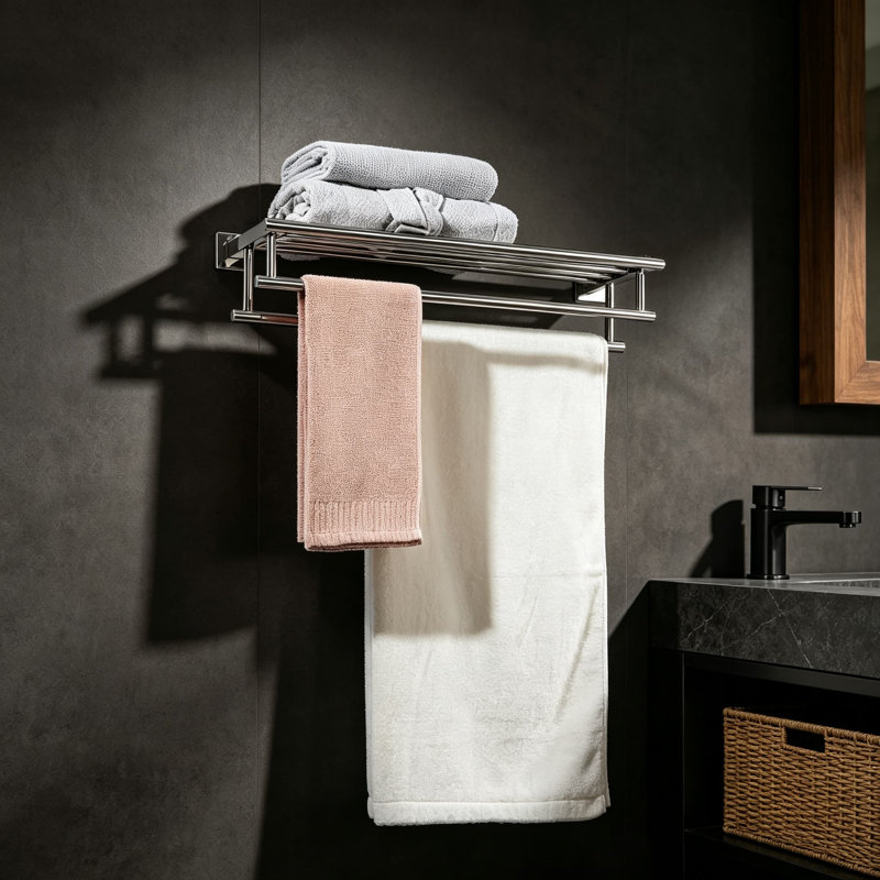 Stainless Steel Towel Rack with Double Bars and Shelf - Wall Mount Bathroom Towel Holder - Polished Chrome Finish - Durable and Rust-Resistant SUS 304 Construction