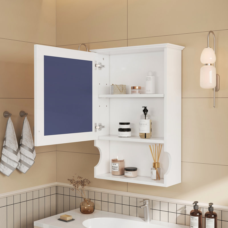 Armoire de rangement murale moderne 35 po x 28 po avec miroir et barre à serviettes, panneau de fibres à densité moyenne durable, tablettes réglables