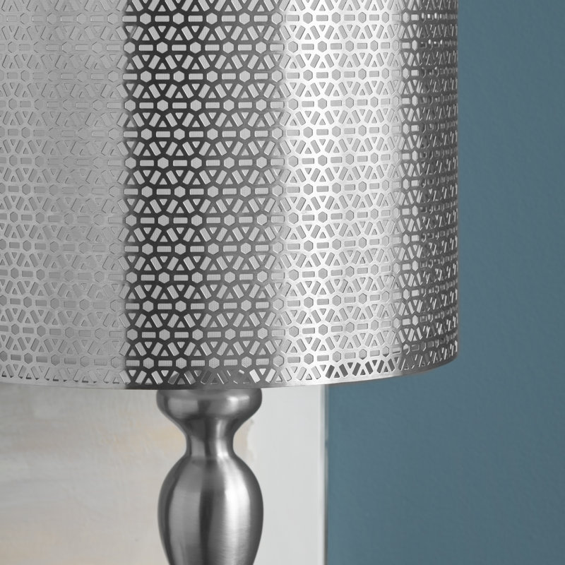 Set Of 2 Steel Table Lamps with Metal over Linen Double Drum Shade, Silver
