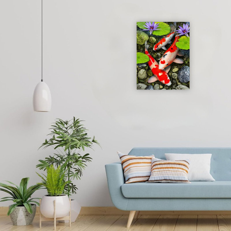 Toile de koi rouge sous les nénuphars, décoration murale sur toile 24 x 18 po