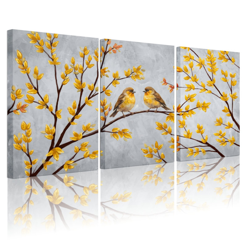 Ensemble de 3 toiles décoratives « Oiseaux et fleurs » pour salon, chambre et décoration intérieure, 2436