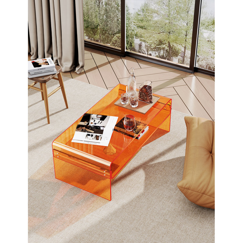 Freysteinn Acrylic Coffee Table,  2 Tiers Clear End Table with Storage Shelf, Orange
