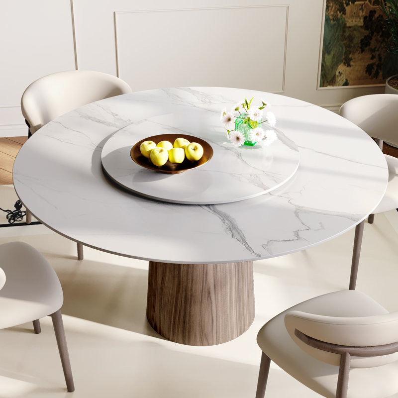 53" Round Dining Table for 6 With Sintered Stone Lazy Susan + Dark Walnut Solid Wood Base, 29.52" H x 53.15" L x 53.15" W