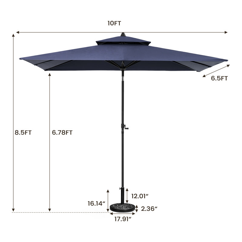 Parasol de marché rectangulaire de 116 po x 77 po avec base, Marine