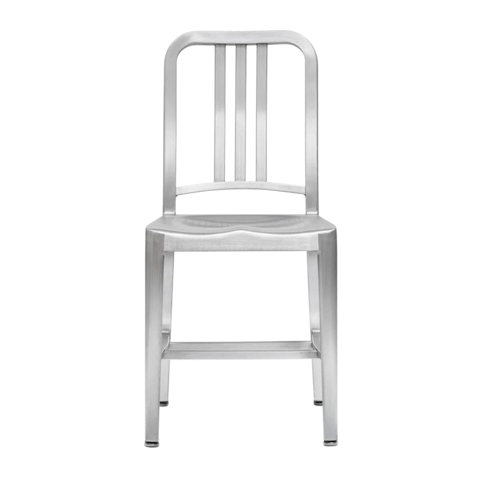 Brushed aluminum industrial style counter stool with a vertical slat backrest and contoured seat.