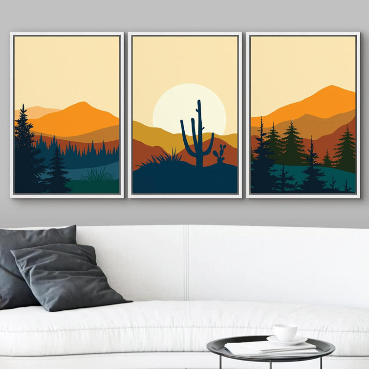 Southwest Decor Desert Plant Mountain Nature Rustic Western Framed Canvas 3 Pieces Print Wall Art