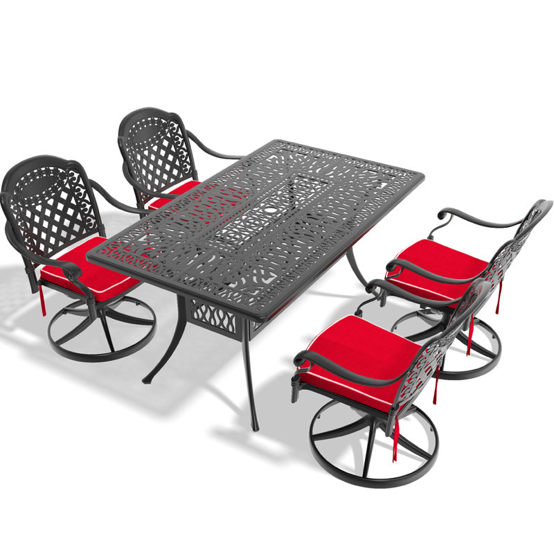 5 repas en plein air - 4 chaises pivotantes et table rectangulaire en noir, assise en aluminium coulé à haute température, pour la zone