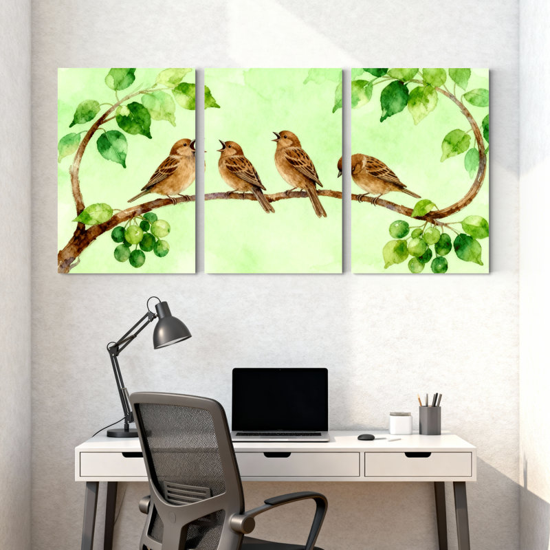 Oiseaux sur une branche avec feuilles vertes et baies, ensemble de 3 impressions sur toile, H 30 po x l 60 po