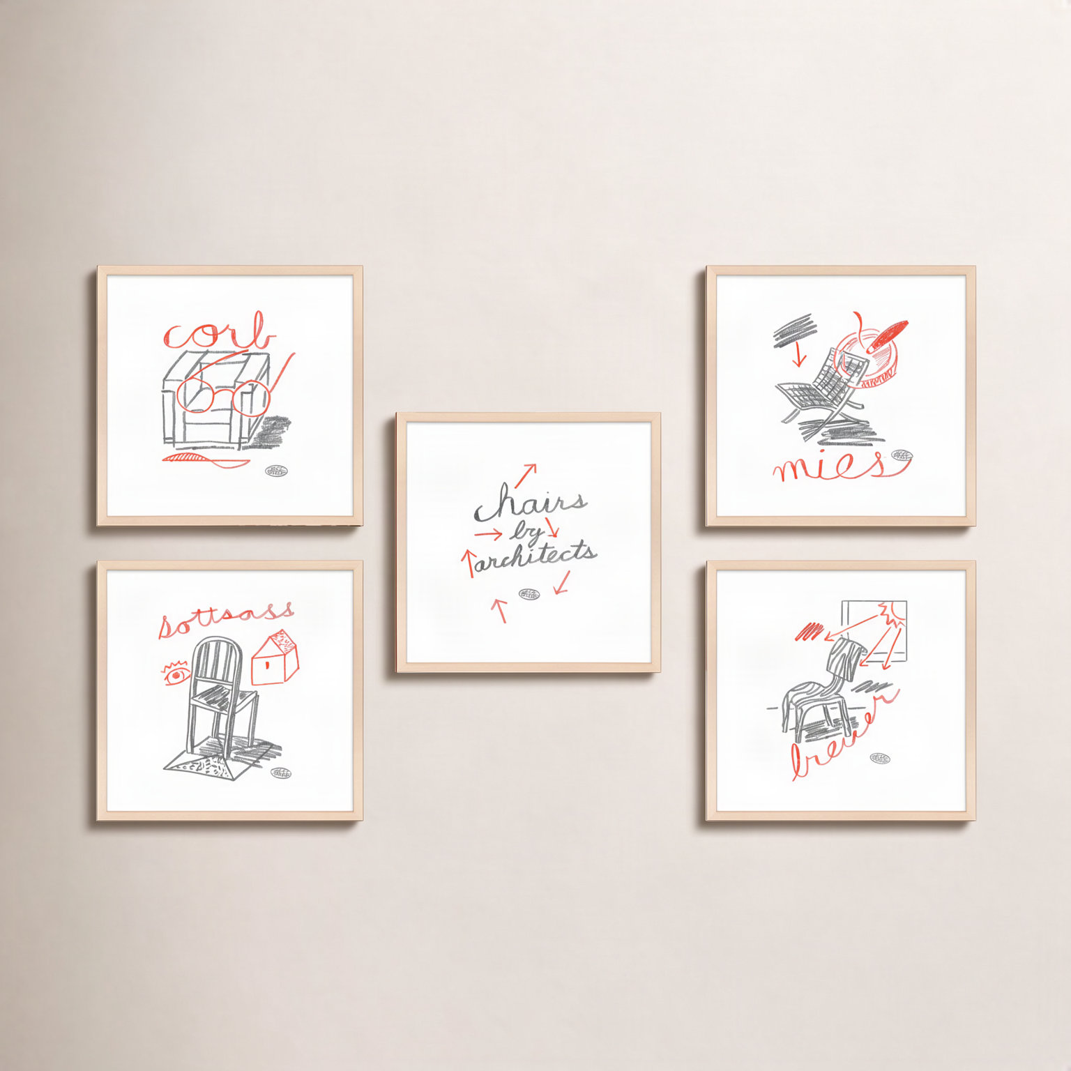 Amir "Chairs" 5-Piece Print Set by Jeff Jackson, 10" W x 10" H, Maple Single Picture Framed Paper