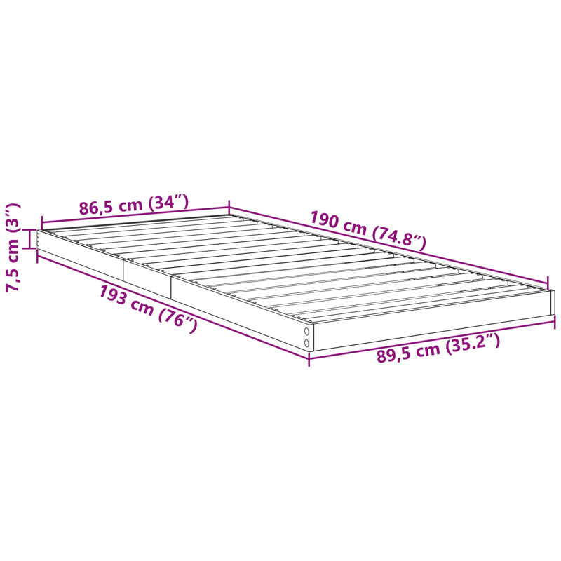 Bed, Grey Sonoma, European Single (99.5 x 203 cm)