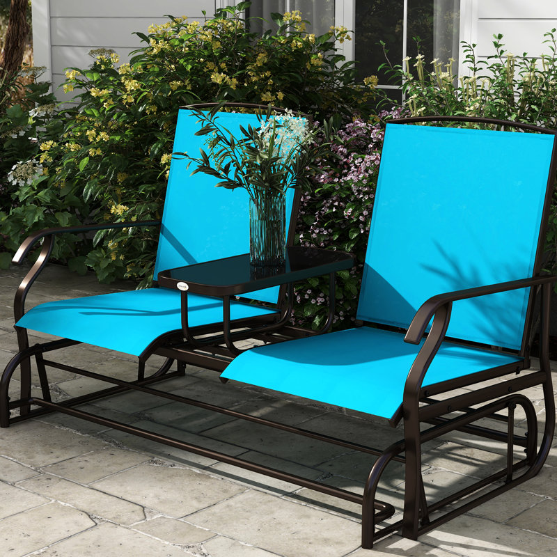 Banc de balançoire en métal avec table basse et cadre central en métal - Matériau respirant à double glissement bleu, pour jardin, patio, table de patio près de la piscine. Siège de jardin. Textile, 264 lb Par