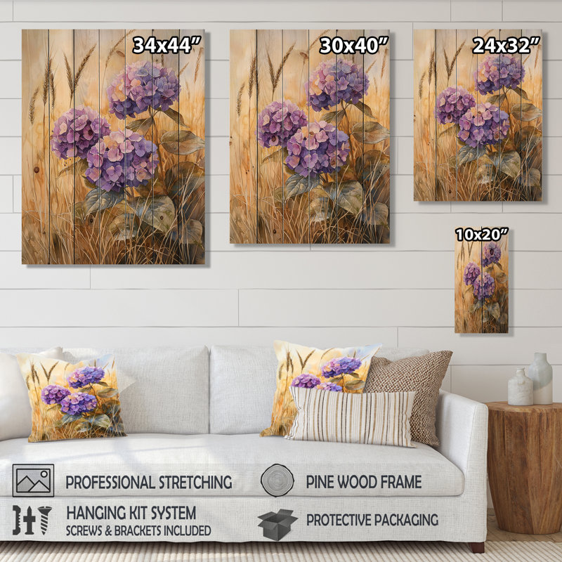 Hortensias dans un champ doré I - Art mural en bois d'hortensias - sur bois de pin naturel, H 40 po x l 30 po x P 0,78 po