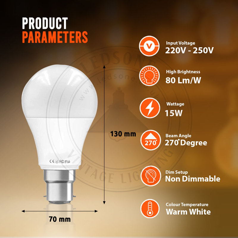 A60 LED B22 Bayonet Cap 5W Bulb, 15W