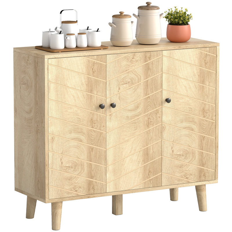 HOMCOM Sideboard Cabinet Modern Vintage with 3 Chevron Doors Natural Wood