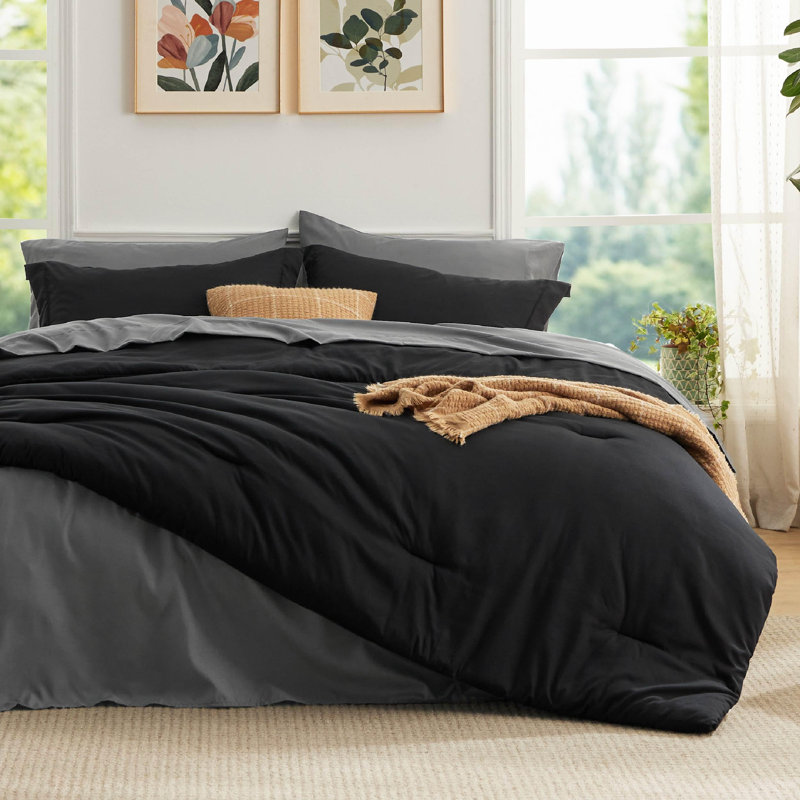 Ensemble d'édredon pour lit double - ensemble de literie 7 pièces noir pour toutes les saisons, lit de style bohème contrastant dans un sac avec édredon, draps, taies d'oreiller et taies décoratives