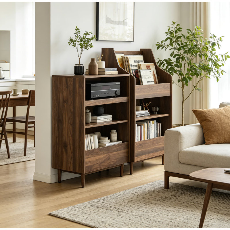 Support pour tourne-disque et unité de rangement en vinyle 2 pièces Liam Mid Century Modern, finition noyer, peut contenir jusqu'à 410 disques vinyles, s'adapte à la plupart des platines et des composants audio