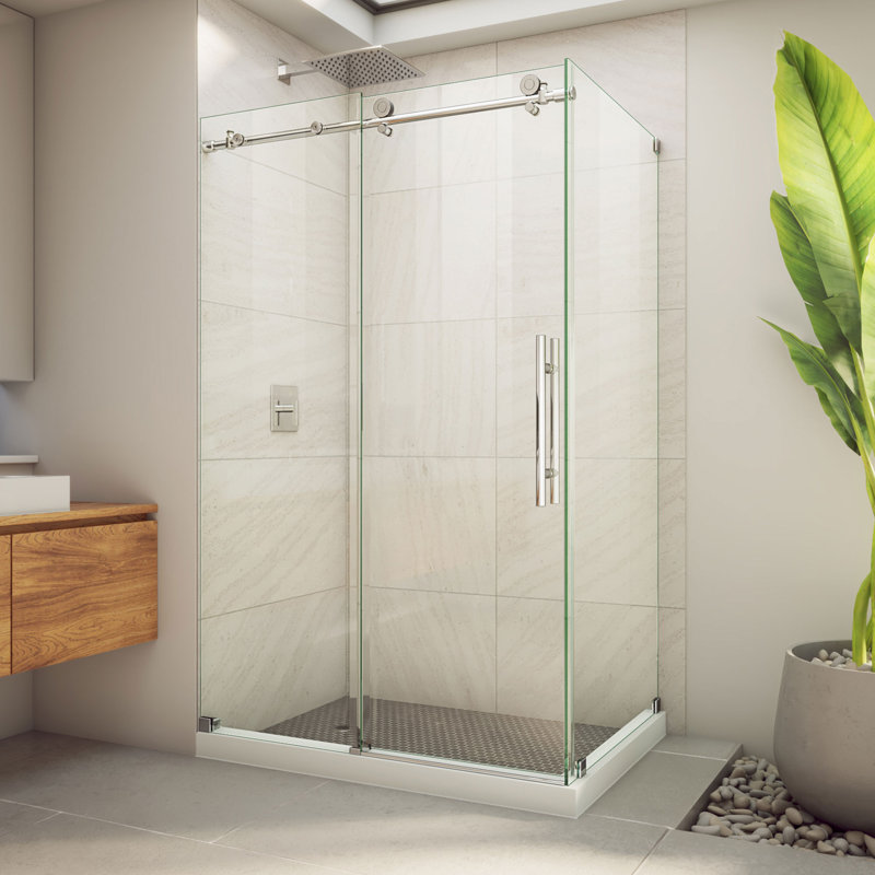 48.38" W x 32.5" D x 76" H Frameless Rectangle Sliding Shower Enclosure, Polished Stainless Steel