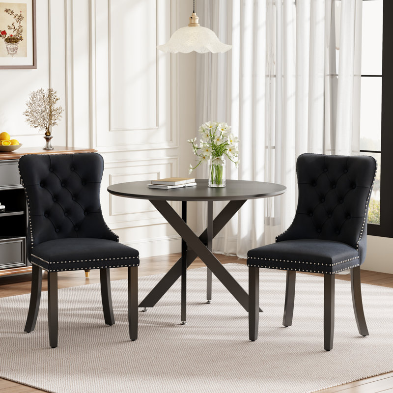Ensemble de salle à manger rond en bois avec chaise capitonnée, Noir, noir, noir, noir, 3, Noir, noir, noir, noir