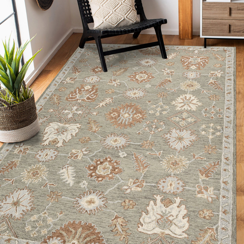 Tapis floral crocheté à la main Lewis, Rectangulaire 2 pi x 3 pi, Kaki
