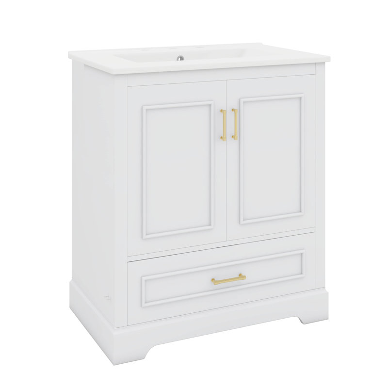 Meuble-lavabo élégant avec lavabo en céramique, 2 portes et 1 tiroir, Blanc