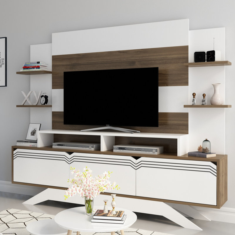 Meuble télé moderne avec fixation murale, finition noyer et blanc, 70,9 x 58,5 x 11,6 pouces | Panneau de particules enduit 100% mélamine, plusieurs tablettes de rangement, design élégant et fonctionnel pour tout salon