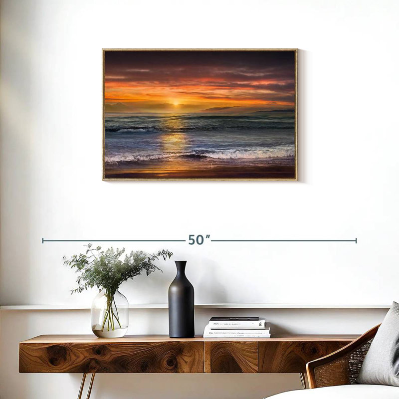 Le coucher du soleil sur la plage de Descanso, Cadre flottant en bois naturel, 31 po x 21 po
