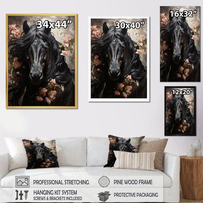 «Black Flower Stallion», reproduction sur toile encadrée, Cadre flottant noir, H 20 po x l 12 po x P 1 po