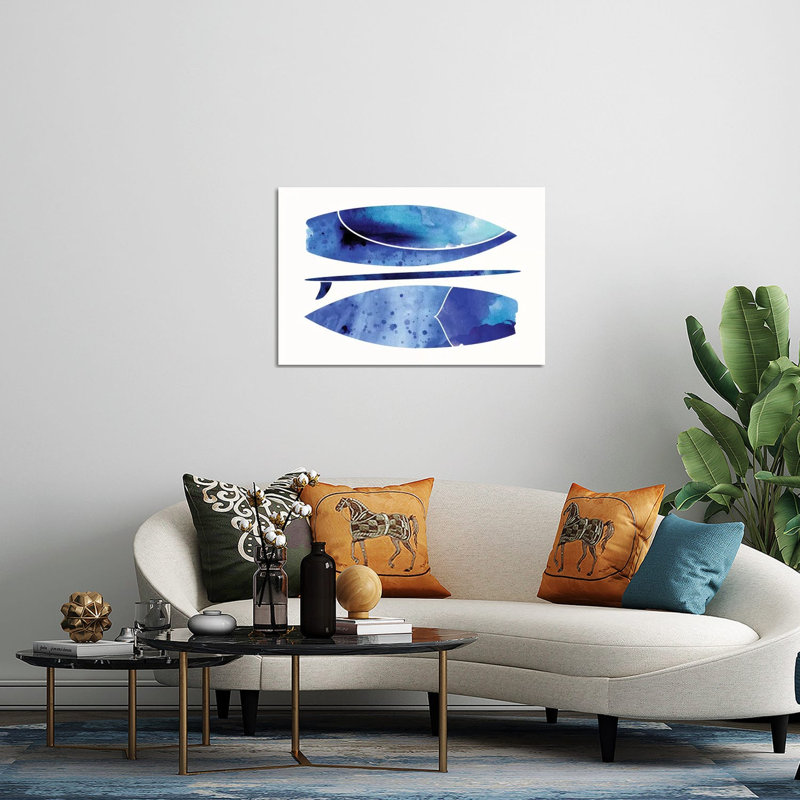 «Indigo Surfboard Watercolor» par Modern Tropical - impression non encadrée, H 24 po x l 32 po x P 0,25 po