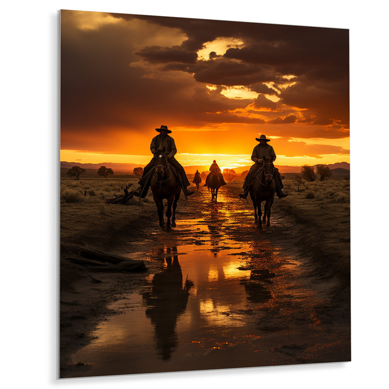 «Western Sunset Riders Portrait II» - salon d'art mural en métal occidental, H 32 po x l 24 po x P 1 po