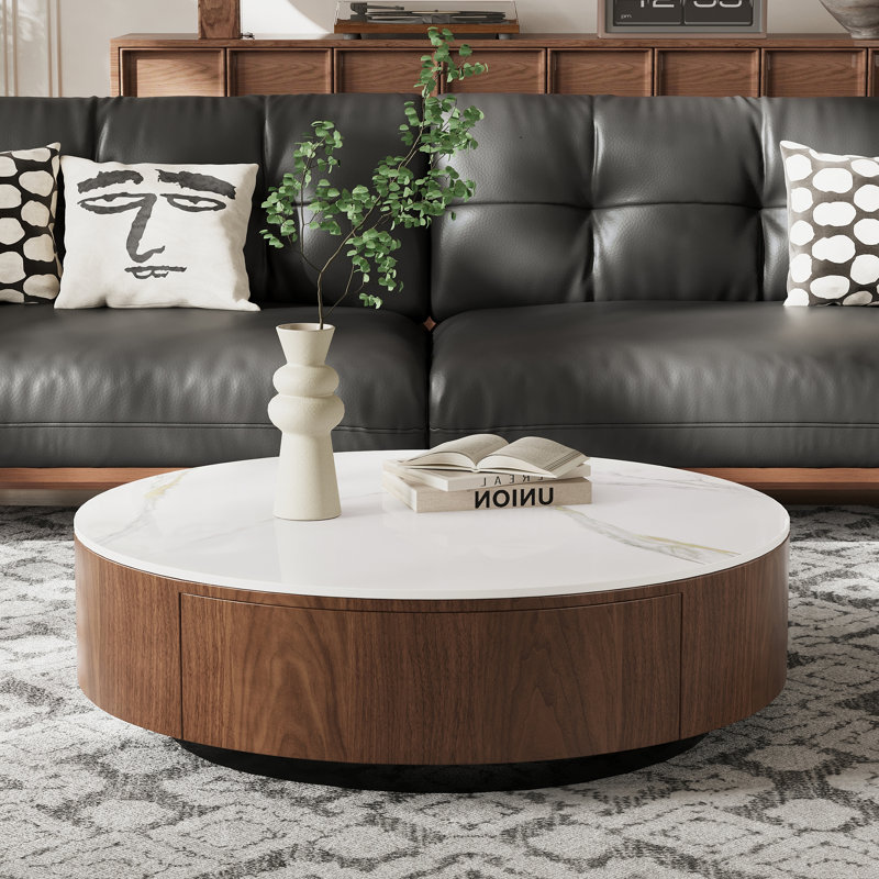 Table basse 35 po pour salon, table basse en marbre avec tiroir, sans assemblage, Walnut
