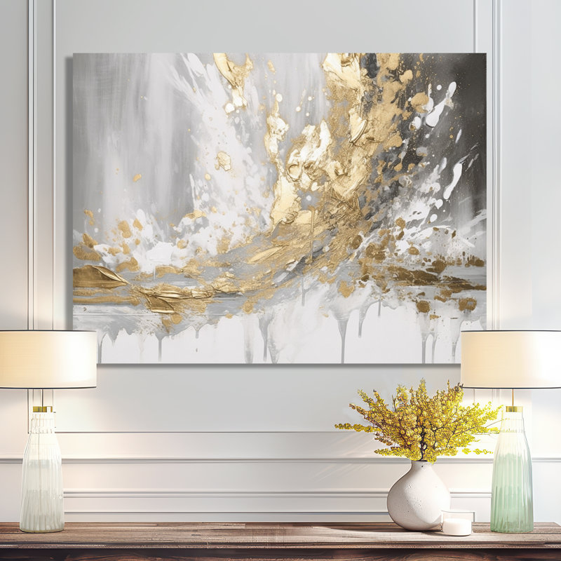 «Gold and White Collusion Abstract», art mural abstrait, impression sur toile moderne, H 30 po x l 40 po, Toile tendue