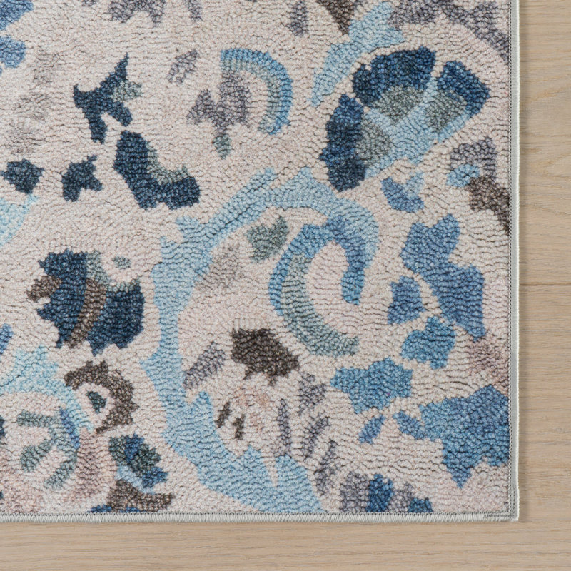 Ines Blue Machine Printed Washable Rug, Rectangle 3' x 5'